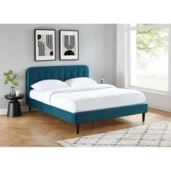 Lit Double ANDRE Velours Bleu Paon 160x200 Sommier Inclus -Canapé Rêve Promos Magasin andre160bup lit 160 velours sommier 160200cm velours bleu paon 1