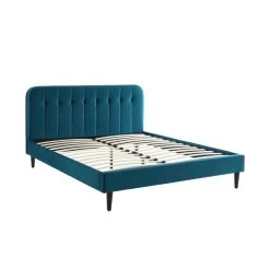 Lit Double ANDRE Velours Bleu Paon 160x200 Sommier Inclus -Canapé Rêve Promos Magasin andre160bup lit 160 velours sommier 160200cm velours bleu paon 3