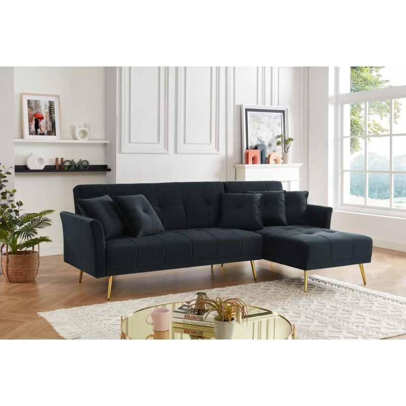 Canapé D'angle AROMA Convertible Velours Noir 5 Places 4 Canapé D'angle AROMA Convertible Velours Noir 5 Places – Image 4