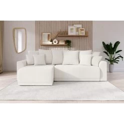 Canapé D'angle NOVA Convertible Tissu Bouclette Blanc 4 Places