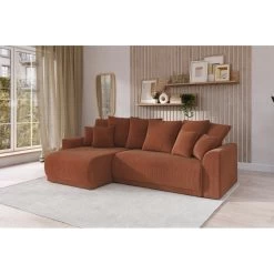 Canapé D'angle NOVA Convertible Velours Côtelé Terracotta 4 Places -Canapé Rêve Promos Magasin canape angle nova convertible velours cotele terracotta 4 places 8