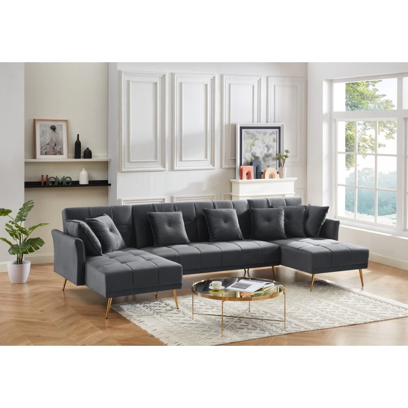 Canapé Panoramique AROMA Convertible En Velours Anthracite 6 Places 8 Canapé Panoramique AROMA Convertible En Velours Anthracite 6 Places – Image 8