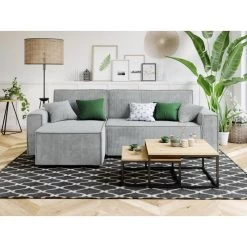 Canapé D'angle MIRA Convertible Et Réversible Velours Côtelé Gris Clair