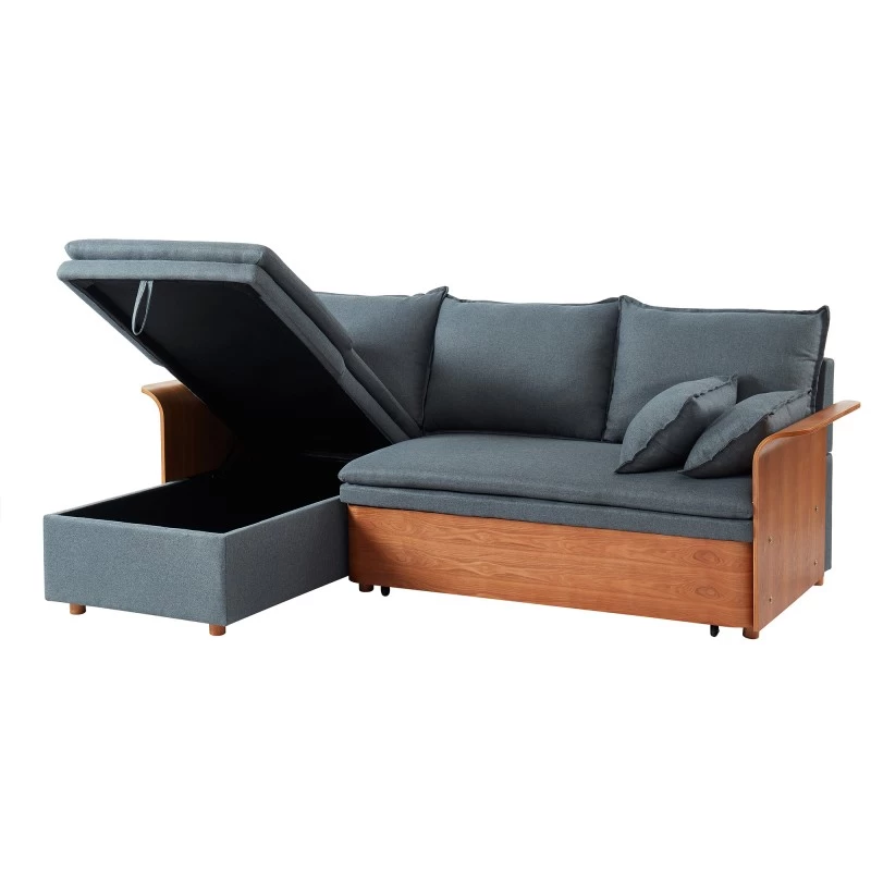 Canapé D'angle WOOD En Tissu Gris 4 Places Réversible Convertible Coffre 3 Canapé D'angle WOOD En Tissu Gris 4 Places Réversible Convertible Coffre – Image 3