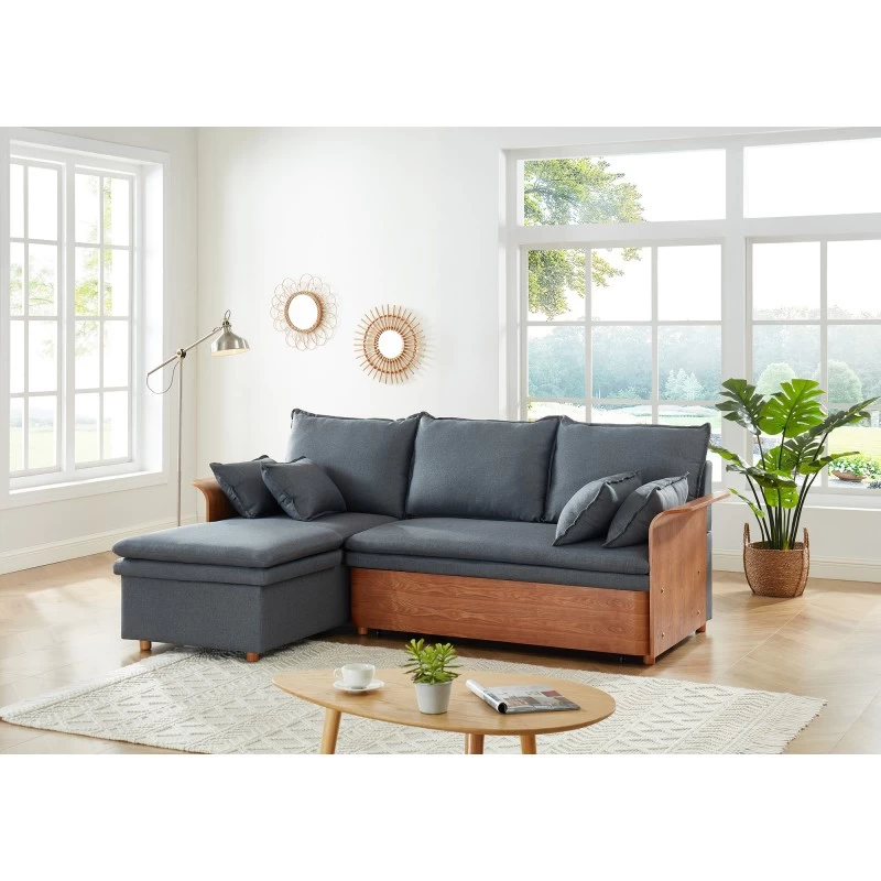 Canapé D'angle WOOD En Tissu Gris 4 Places Réversible Convertible Coffre 6 Canapé D'angle WOOD En Tissu Gris 4 Places Réversible Convertible Coffre – Image 6