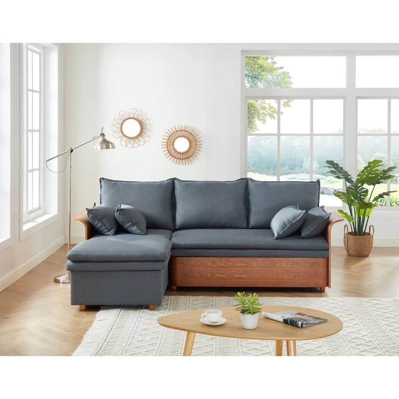 Canapé D'angle WOOD En Tissu Gris 4 Places Réversible Convertible Coffre 1 Canapé D'angle WOOD En Tissu Gris 4 Places Réversible Convertible Coffre