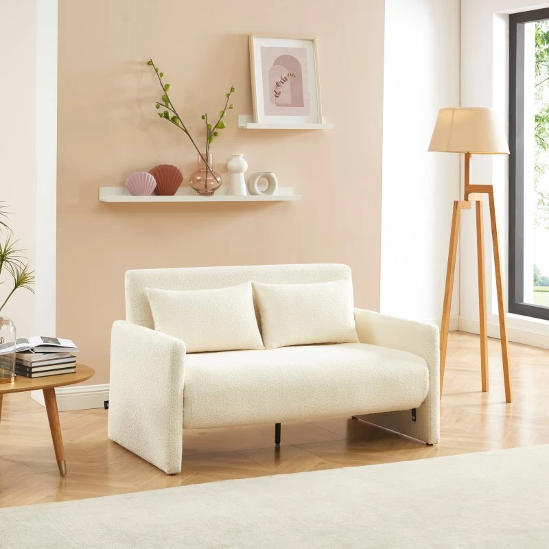 Canapé Droit JADE En Tissu Bouclette Beige Convertible 2 Places 1 Canapé Droit JADE En Tissu Bouclette Beige Convertible 2 Places