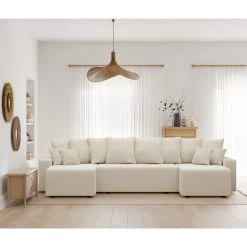 Canapé Panoramique ALMA Convertible Velours Côtelé Beige 6 Places