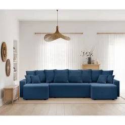 Canapé Panoramique ALMA Convertible Velours Côtelé Bleu Cobalt 6 Places