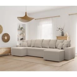 Canapé Panoramique ALMA Convertible Velours Côtelé Grège 6 Places -Canapé Rêve Promos Magasin canape panoramique alma convertible velours cotele grege 6 places 8