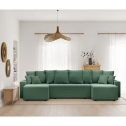 Canapé Panoramique ALMA Convertible Velours Côtelé Vert 6 Places