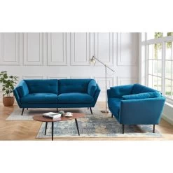 Lot De Canapés THELMA En Velours Bleu Fixe -Canapé Rêve Promos Magasin canape thelma 32 velours bleu lot canapes 3places 2places 2
