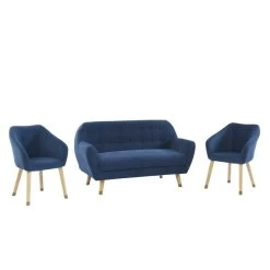 Ensemble HILDA En Velours Côtelé Bleu Avec Piètement Bois Et Doré 1 Canapé Et 2 Fauteuils -Canapé Rêve Promos Magasin ensemble hilda en velours cotele bleu pieds dore 1 canape et 2 fauteuils 2