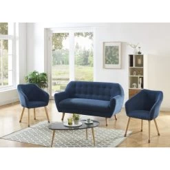 Ensemble HILDA En Velours Côtelé Bleu Avec Piètement Bois Et Doré 1 Canapé Et 2 Fauteuils -Canapé Rêve Promos Magasin ensemble hilda en velours cotele bleu pieds dore 1 canape et 2 fauteuils 4