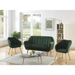 Ensemble HILDA En Velours Vert Avec Piètement Bois Et Doré 1 Canapé Et 2 Fauteuils -Canapé Rêve Promos Magasin ensemble hilda en velours vert pieds bois dore 1 canape et 2 fauteuils 4