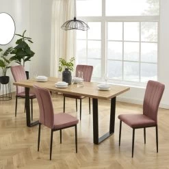 Ensemble Repas FELIX Effet Chêne Et Velours Rose 4 Chaises