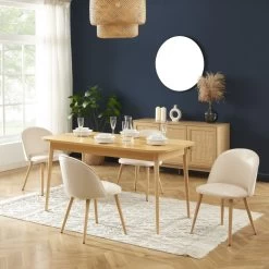 Ensemble Repas MACARON Effet Chêne Et Velours Beige 4 Chaises