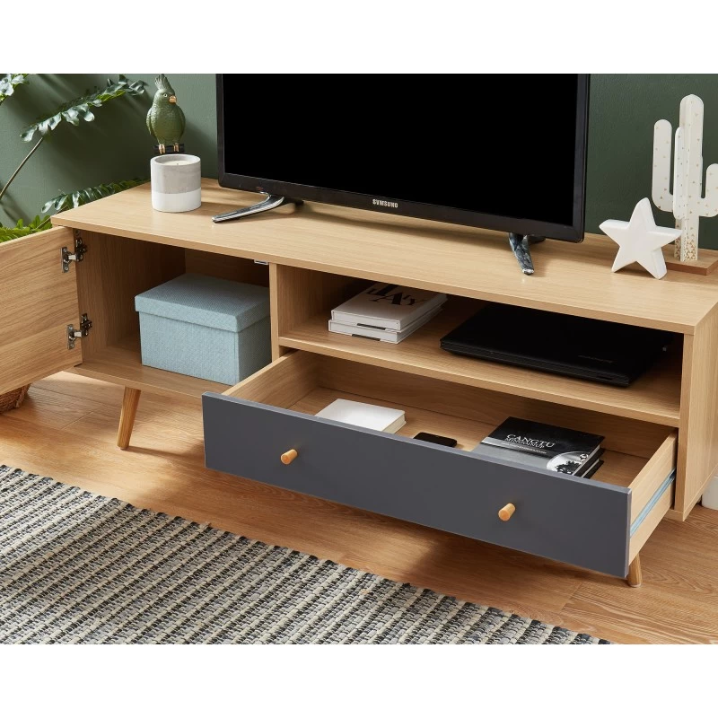Meuble Tv ETNIK Gris Et Effet Bois 130cm 3 Meuble Tv ETNIK Gris Et Effet Bois 130cm – Image 3