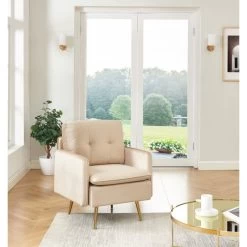 Fauteuil ADAM Velours Beige Avec Piètement En Métal Doré