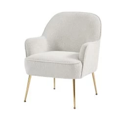 Fauteuil MARCELINO En Tissu Bouclette Blanc Avec Piètement Doré -Canapé Rêve Promos Magasin fauteuil marcelino en tissu blanc avec pieds dore 1