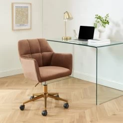 Fauteuil De Bureau MONACO En Velours Rouille Avec Pieds Dorés