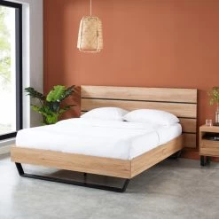 Lit FELIX Effet Chêne Et Métal Noir 140x190 Sommier Inclus -Canapé Rêve Promos Magasin felix12 lit en bois 180 cm pieds en metal melamine 1