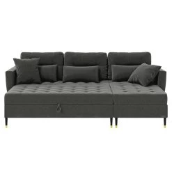 Cacharel Canapé D'angle HONORE En Velours Gris Et Son Banc Coffre -Canapé Rêve Promos Magasin honore canape d angle velours gris hockerstorage canape convertible 3pl 2