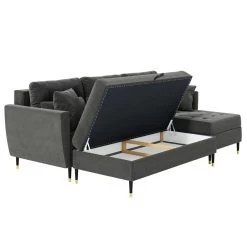 Cacharel Canapé D'angle HONORE En Velours Gris Et Son Banc Coffre -Canapé Rêve Promos Magasin honore canape d angle velours gris hockerstorage canape convertible 3pl 3