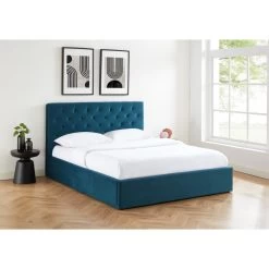 Lit Double Avec Coffre HUBERT Velours Bleu Paon 160x200 Sommier Inclus -Canapé Rêve Promos Magasin hubertco160bu lit coffre velours bleu capitonne sommier et tete de lit 160x200 3