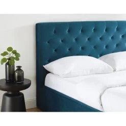 Lit Double Avec Coffre HUBERT Velours Bleu Paon 160x200 Sommier Inclus -Canapé Rêve Promos Magasin hubertco160bu lit coffre velours bleu capitonne sommier et tete de lit 160x200 5
