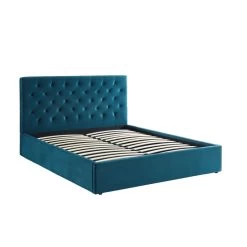 Lit Double Avec Coffre HUBERT Velours Bleu Paon 160x200 Sommier Inclus -Canapé Rêve Promos Magasin hubertco160bu lit coffre velours bleu capitonne sommier et tete de lit 160x200 6