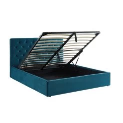 Lit Double Avec Coffre HUBERT Velours Bleu Paon 160x200 Sommier Inclus -Canapé Rêve Promos Magasin hubertco160bu lit coffre velours bleu capitonne sommier et tete de lit 160x200 7