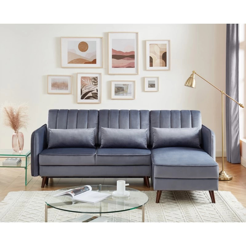 Canapé D'angle IDAHO En Velours Gris Convertible 1 Canapé D'angle IDAHO En Velours Gris Convertible