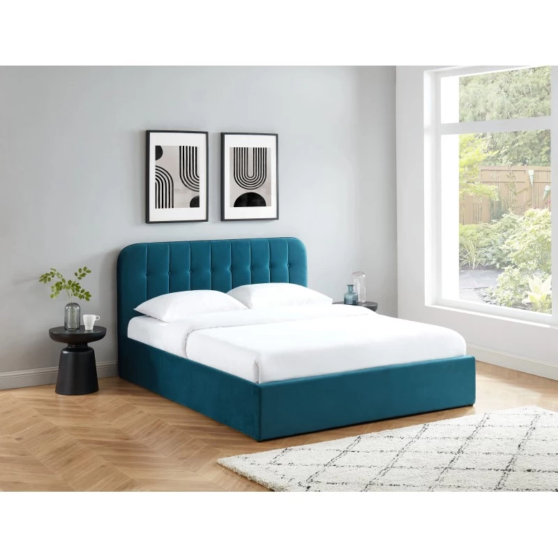 Lit Coffre ANDRE Velours Bleu Paon Sommier 160x200 Inclus 3 Lit Coffre ANDRE Velours Bleu Paon Sommier 160x200 Inclus – Image 3