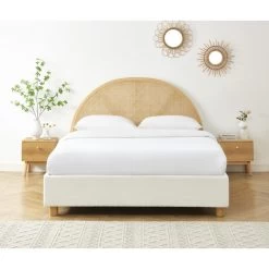 Lit Coffre TSUKI 140x190 Tissu Bouclette écru Et Cannage Rotin