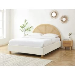 Lit Coffre TSUKI 160x200 Tissu Bouclette écru Et Cannage Rotin -Canapé Rêve Promos Magasin lit coffre tsuki 160x200 tissu bouclettes ecru et cannage rotin 1