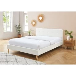 Lit Double ANDREAS Bouclette Blanche Sommier 140x190cm Inclus -Canapé Rêve Promos Magasin lit double andreas laine bouclee blanche sommier 140x190cm inclus 1
