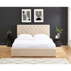 Lit Double Avec Coffre HUBERT Velours Beige 160x200 Sommier Inclus