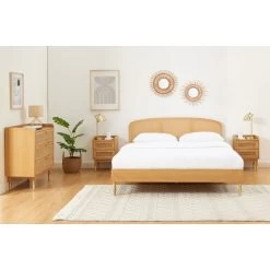 Lit Double LEON Placage Chêne Et Cannage Rotin 160x200 Sommier Inclus