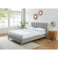 Lit Double MARIUS Tissu Gris Perle 140x190 Sommier Inclus -Canapé Rêve Promos Magasin lit double marius velours gris perle 140x190 sommier inclus 1