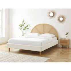 Lit Double TSUKI 160x200 Tissu Bouclette écru Et Cannage Rotin -Canapé Rêve Promos Magasin lit tsuki 160x200 tissu bouclettes ecru et cannage rotin 1