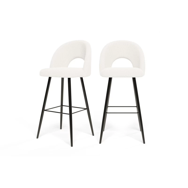 Lot De 2 Tabourets De Bar KYLE Tissu Bouclette Blanc Piètement Métal Noir 2 Lot De 2 Tabourets De Bar KYLE Tissu Bouclette Blanc Piètement Métal Noir – Image 2