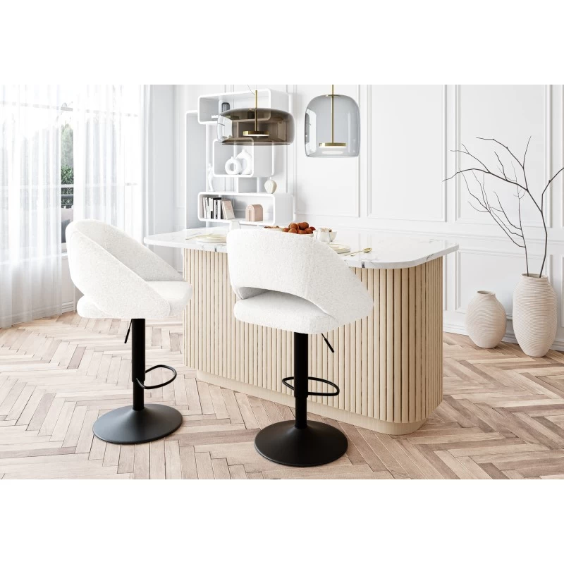 Lot De 2 Tabourets De Bar LENNY En Tissu Bouclette Blanc Piètement En Métal Noir 1 Lot De 2 Tabourets De Bar LENNY En Tissu Bouclette Blanc Piètement En Métal Noir