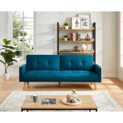 Canapé 3 Places LUXI Tissu Bleu Paon Convertible Style Scandinave