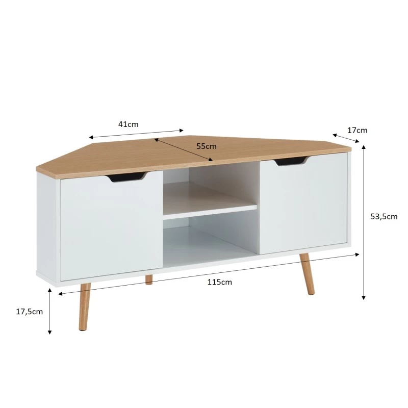 Meuble Tv D'angle LYNA Blanc Et Effet Chêne 2 Portes 115cm 2 Meuble Tv D'angle LYNA Blanc Et Effet Chêne 2 Portes 115cm – Image 2