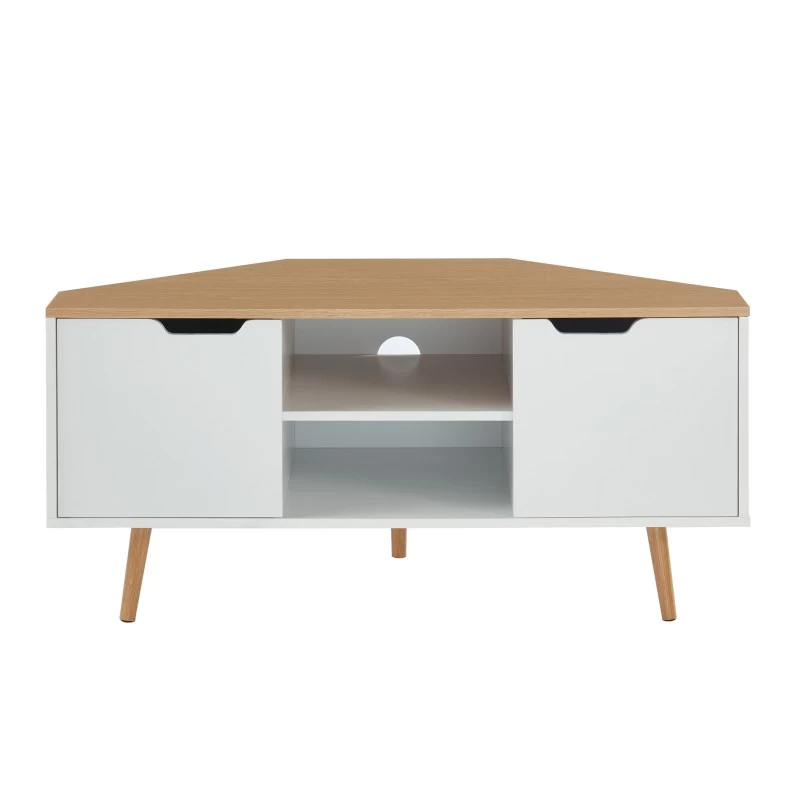 Meuble Tv D'angle LYNA Blanc Et Effet Chêne 2 Portes 115cm 4 Meuble Tv D'angle LYNA Blanc Et Effet Chêne 2 Portes 115cm – Image 4