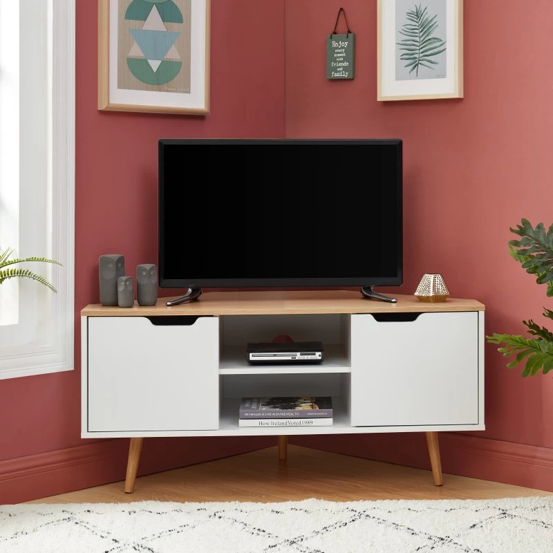 Meuble Tv D'angle LYNA Blanc Et Effet Chêne 2 Portes 115cm 1 Meuble Tv D'angle LYNA Blanc Et Effet Chêne 2 Portes 115cm