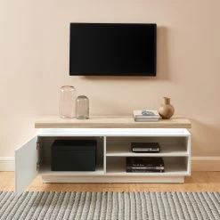Meuble Tv à Led COSMOS Laqué Blanc Et Effet Chêne L120cm -Canapé Rêve Promos Magasin meuble tv a led cosmos laque blanc et effet chene l120cm 2
