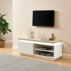 Meuble Tv à Led COSMOS Laqué Blanc Et Effet Chêne L120cm -Canapé Rêve Promos Magasin meuble tv a led cosmos laque blanc et effet chene l120cm 3