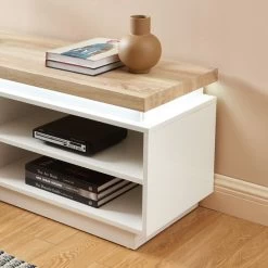 Meuble Tv à Led COSMOS Laqué Blanc Et Effet Chêne L120cm -Canapé Rêve Promos Magasin meuble tv a led cosmos laque blanc et effet chene l120cm 4